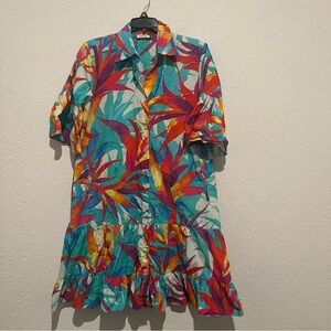 Maude Vivante Marine Floral Zara Dress Blue Button Front Ruffle Sleeve Small